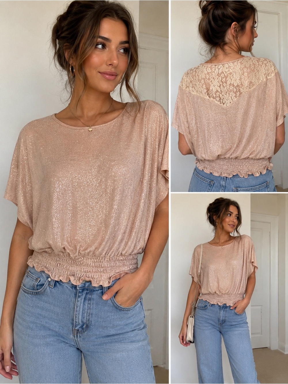 American Rag fairy-core Shimmer Lace Back Smocked Top Blush Pink Size small